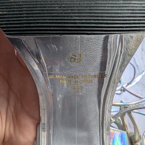 Vtg Y2K Soda Silver Holographic Flower Applique Chunky Clear Heel Sandals Sz 8.5 - Picture 7 of 8